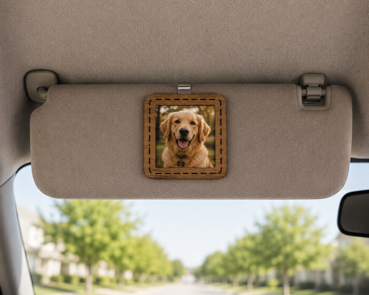 Custom Photo Magnet Car Visor Clip- Wood Grain and Stitched