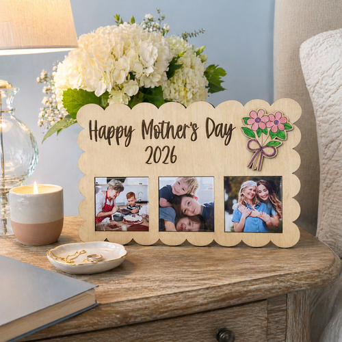 Personalized Mother’s Day photo frame 2026 with custom family pictures displayed on a bedroom nightstand