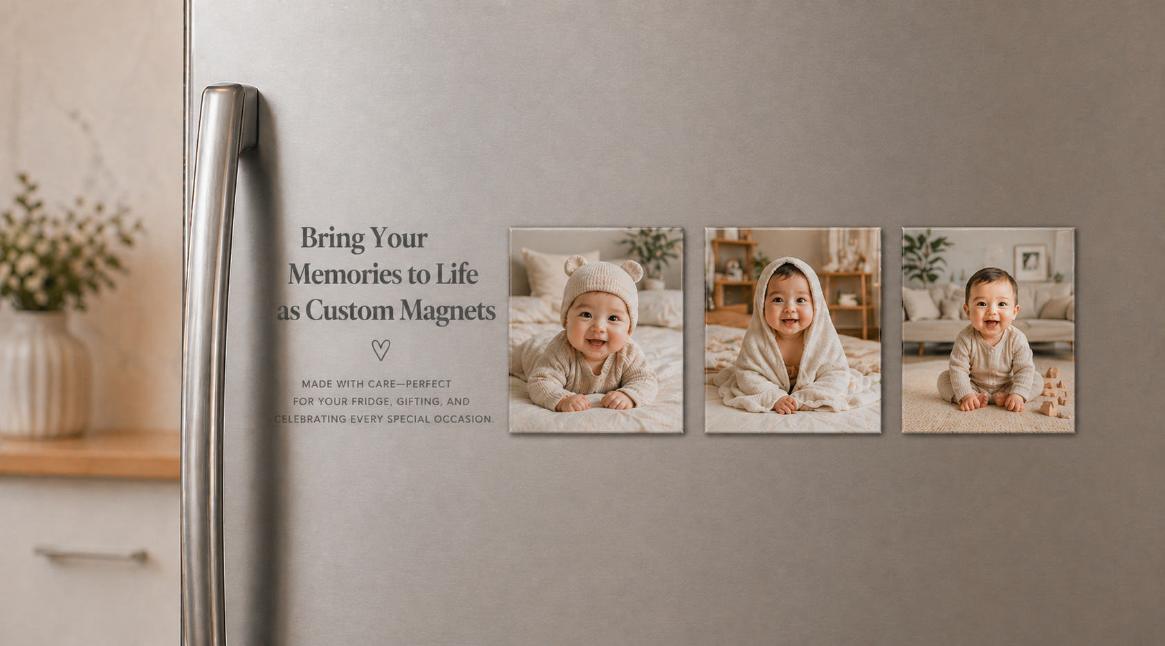 Fridge with custom baby photos as magnets on a neutral background