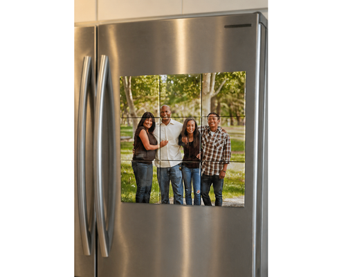 Custom photo puzzle magnets displayed on refrigerator, magnetic photo grid keepsake