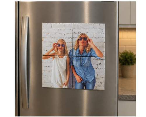 Custom photo puzzle magnets displayed on refrigerator, magnetic photo grid keepsake