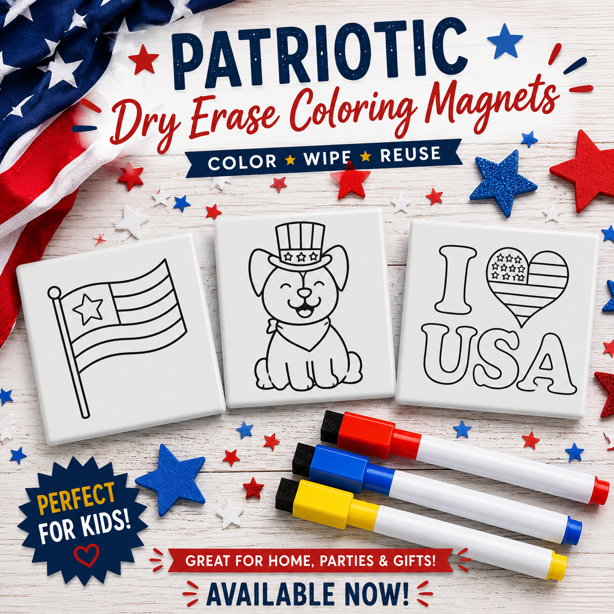 Patriotic dry erase coloring magnets with markers 