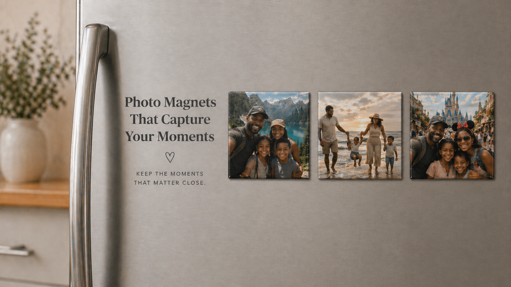 Fridge with photo magnets displaying family moments on a kitchen wall.