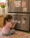 Kids magnetic coloring tiles on fridge with butterfly rainbow and flower designs reusable activity for kids