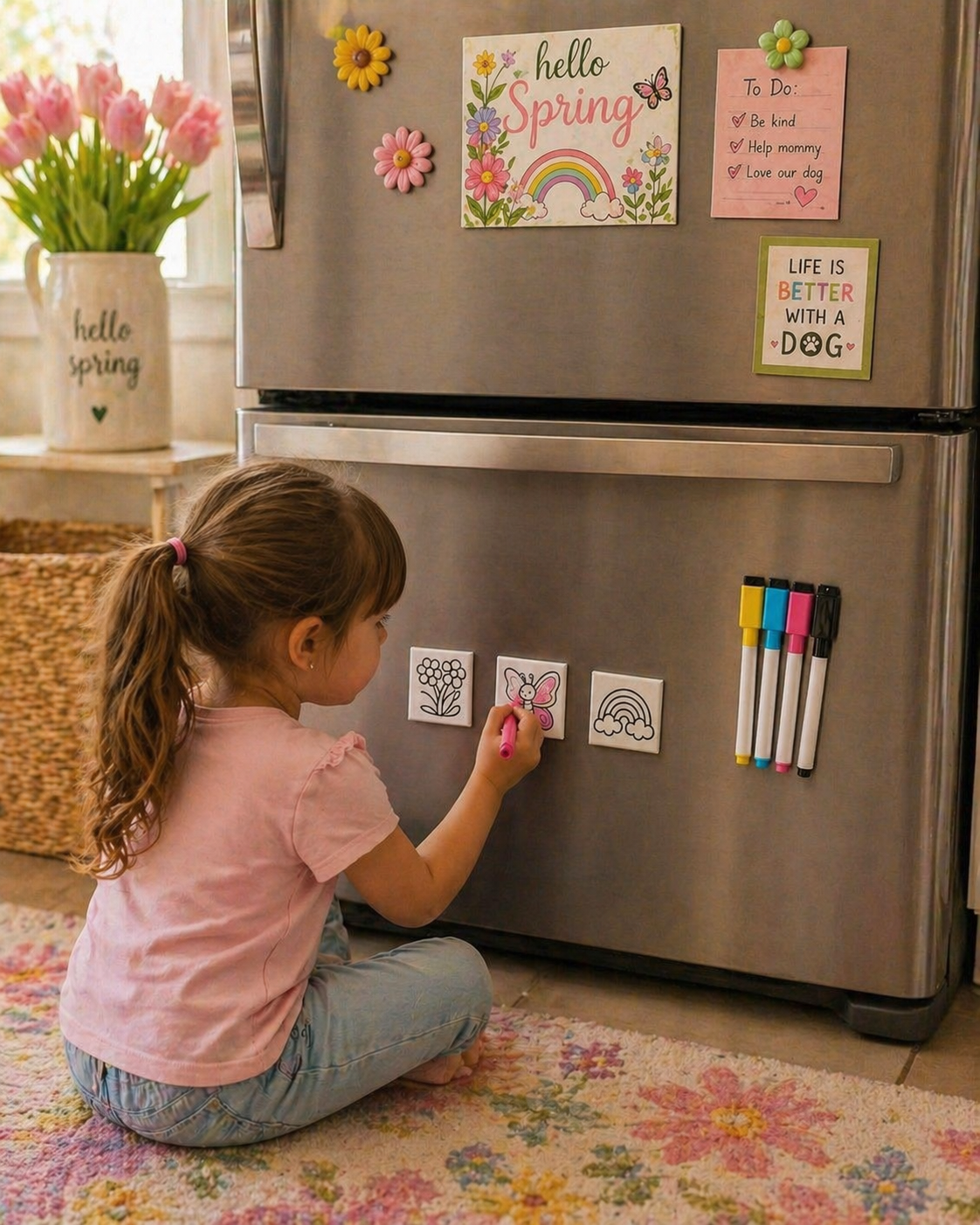 Kids magnetic coloring tiles on fridge with butterfly rainbow and flower designs reusable activity for kids