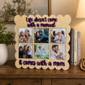 Decorative photo frame with family photos and text on a wooden surface.