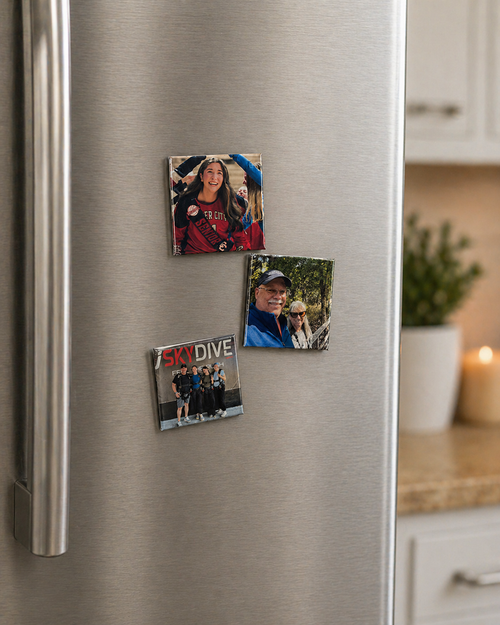 photo magnets on a fridge