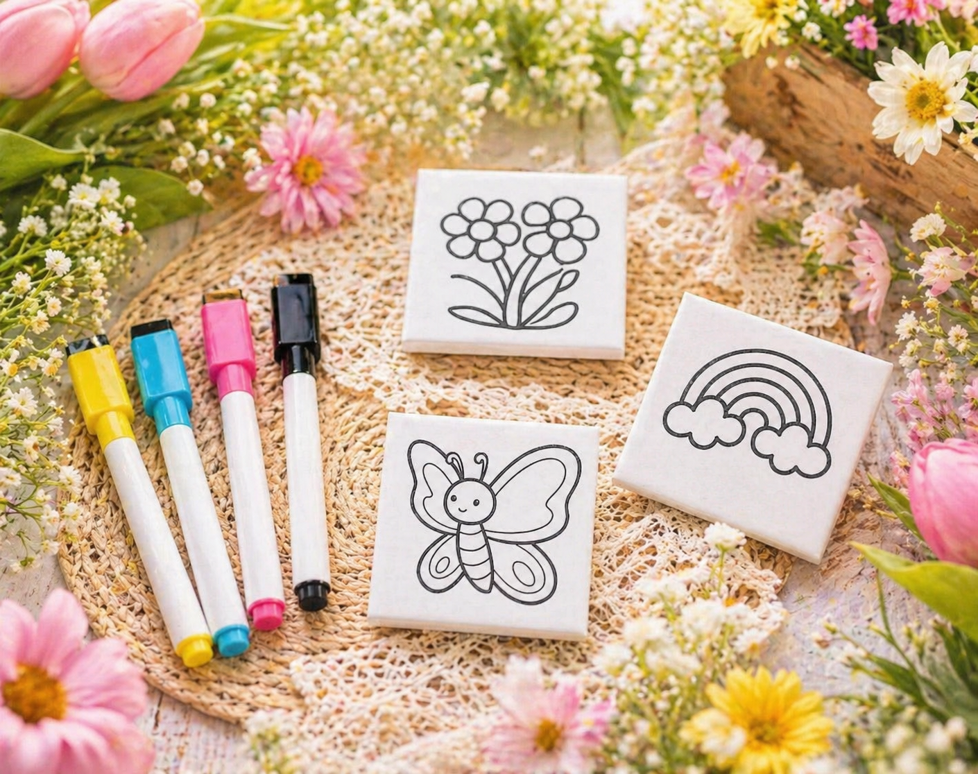 Kids magnetic coloring tiles on fridge with butterfly rainbow and flower designs reusable activity for kids